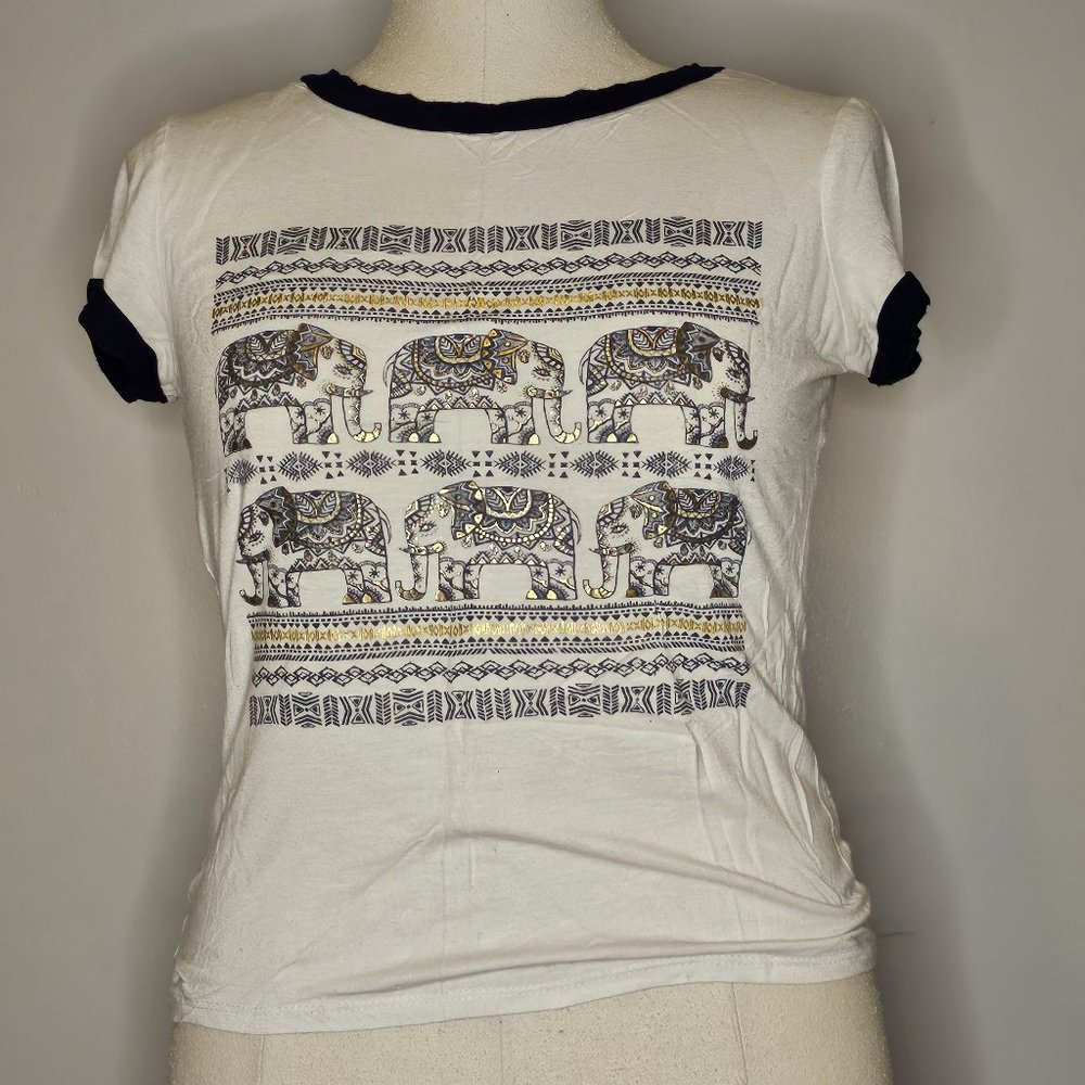 Elephant gold foil print cotton ringer tee